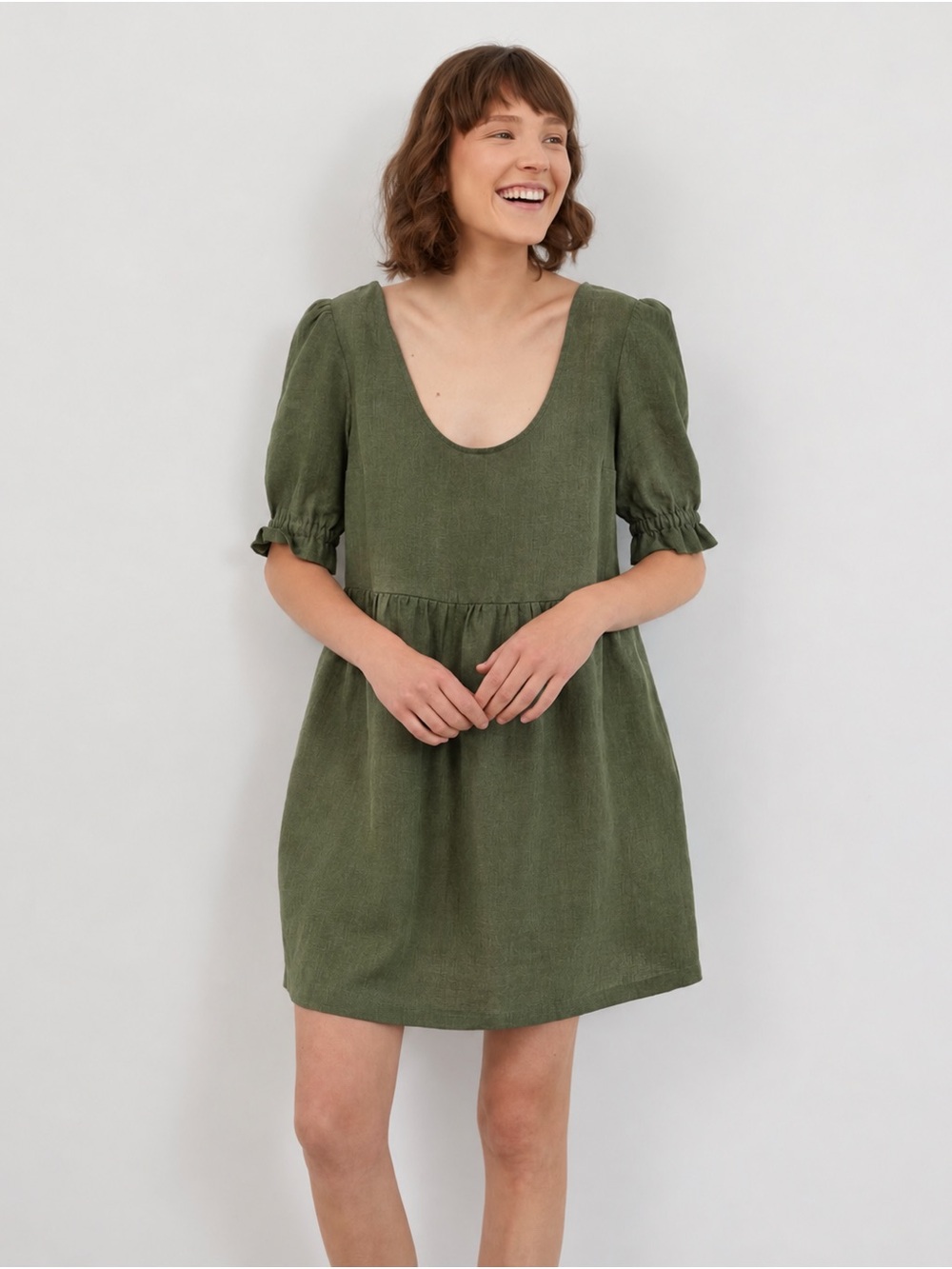Babydoll Linen Mini Dress | Puff Sleeves, Empire Waist Forrest green small